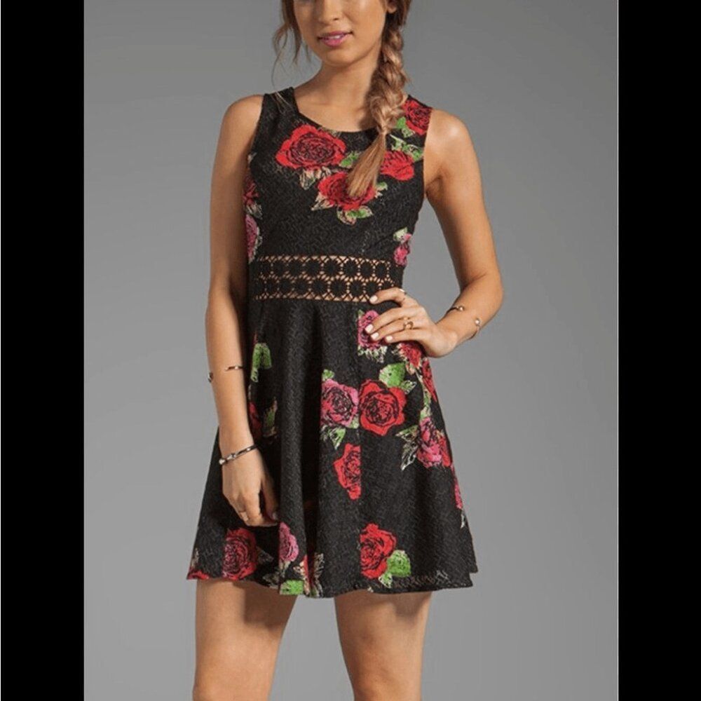Free People Black Dress with Red Floral Pattern and flower cut outs